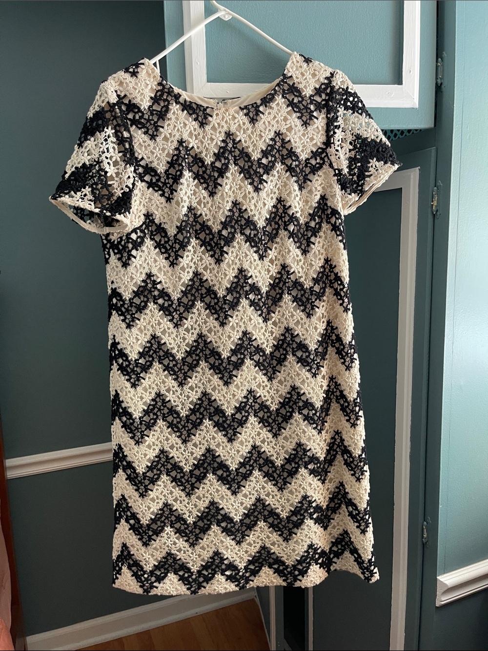 Talbots Black & Cream Chevron Lace Shift Dress